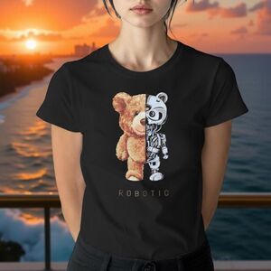 Unisex Black Robotic Bear Graphic T shirt Size M